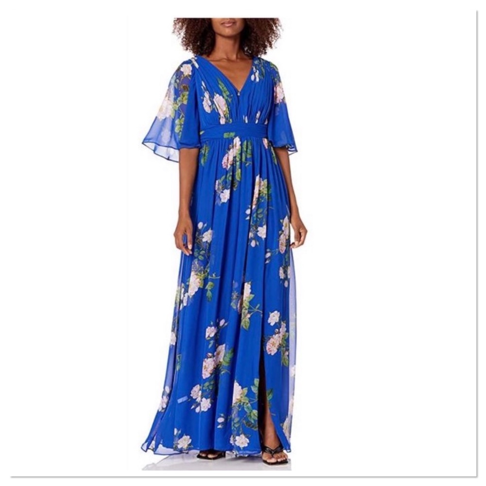NWT. Adrianna Papell blue chiffon maxi with flutter sleeves